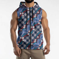 Polynesian Monstera Tiare Floral Sleeveless Zip Hoodie Royal Blue Tropical Plaid - Polynesian Pride