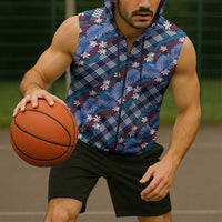 Polynesian Monstera Tiare Floral Sleeveless Zip Hoodie Royal Blue Tropical Plaid - Polynesian Pride