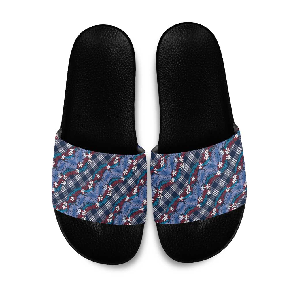 Polynesian Monstera Tiare Floral Slide Sandals Royal Blue Tropical Plaid LT01 Blue - Polynesian Pride