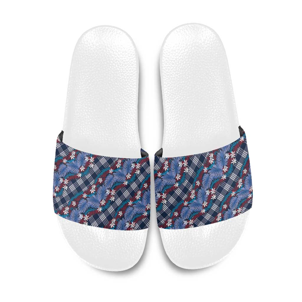 Polynesian Monstera Tiare Floral Slide Sandals Royal Blue Tropical Plaid - Polynesian Pride