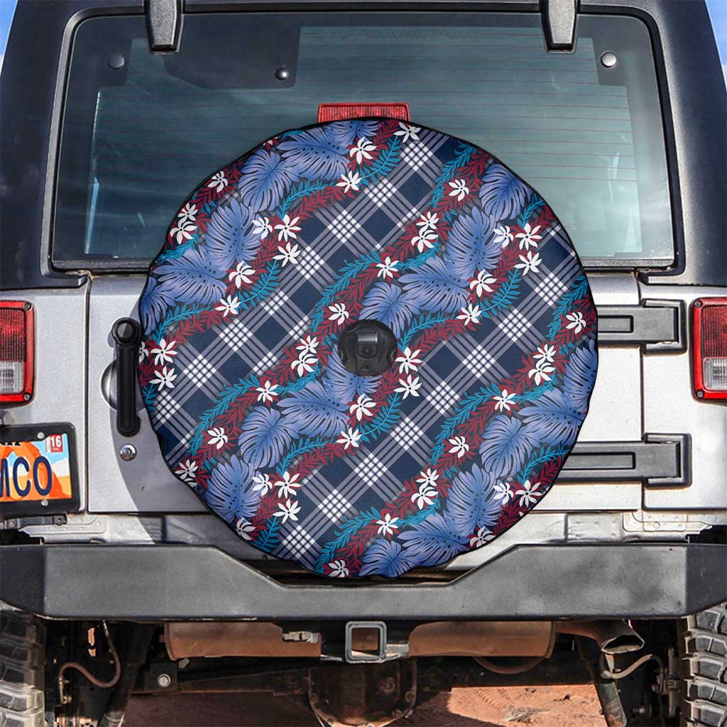 Polynesian Monstera Tiare Floral Spare Tire Cover Royal Blue Tropical Plaid - Polynesian Pride