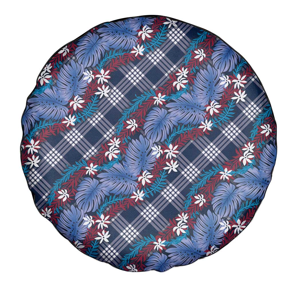 Polynesian Monstera Tiare Floral Spare Tire Cover Royal Blue Tropical Plaid - Polynesian Pride