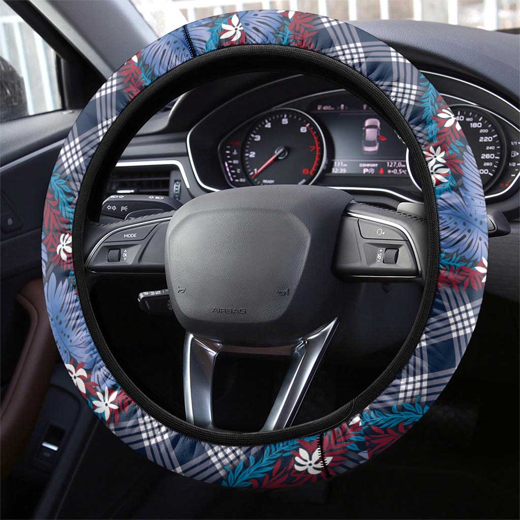 Polynesian Monstera Tiare Floral Steering Wheel Cover Royal Blue Tropical Plaid - Polynesian Pride