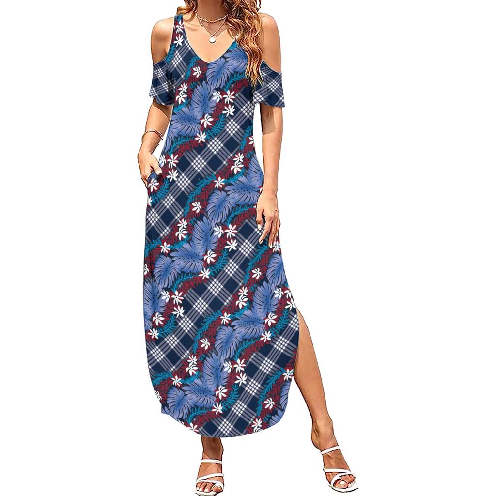 Polynesian Monstera Tiare Floral Summer Maxi Dress Royal Blue Tropical Plaid - Polynesian Pride
