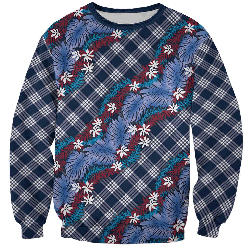 Polynesian Monstera Tiare Floral Sweatshirt Royal Blue Tropical Plaid - Polynesian Pride
