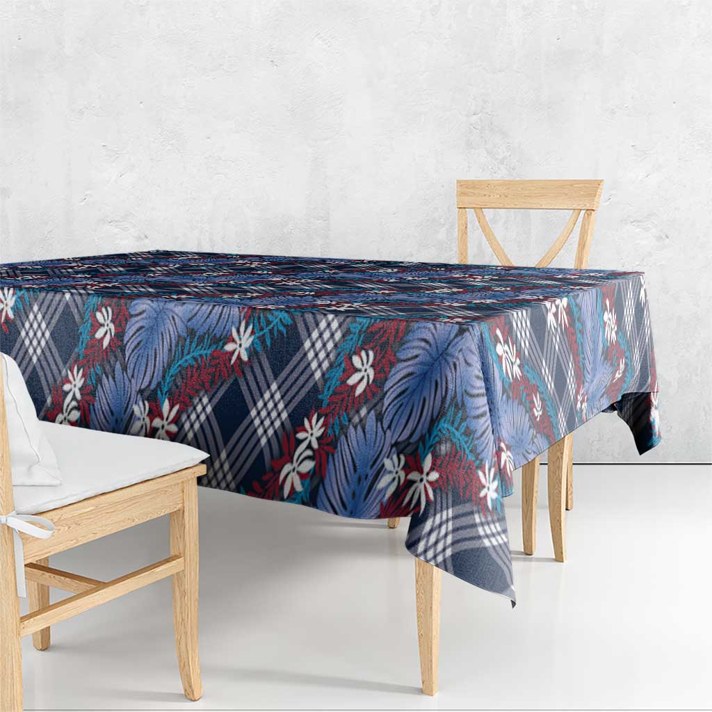 Polynesian Monstera Tiare Floral Tablecloth Royal Blue Tropical Plaid - Polynesian Pride