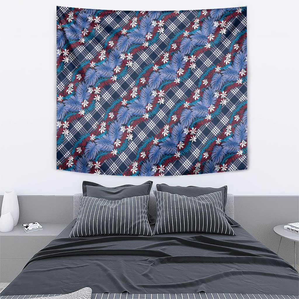 Polynesian Monstera Tiare Floral Tapestry Royal Blue Tropical Plaid - Polynesian Pride