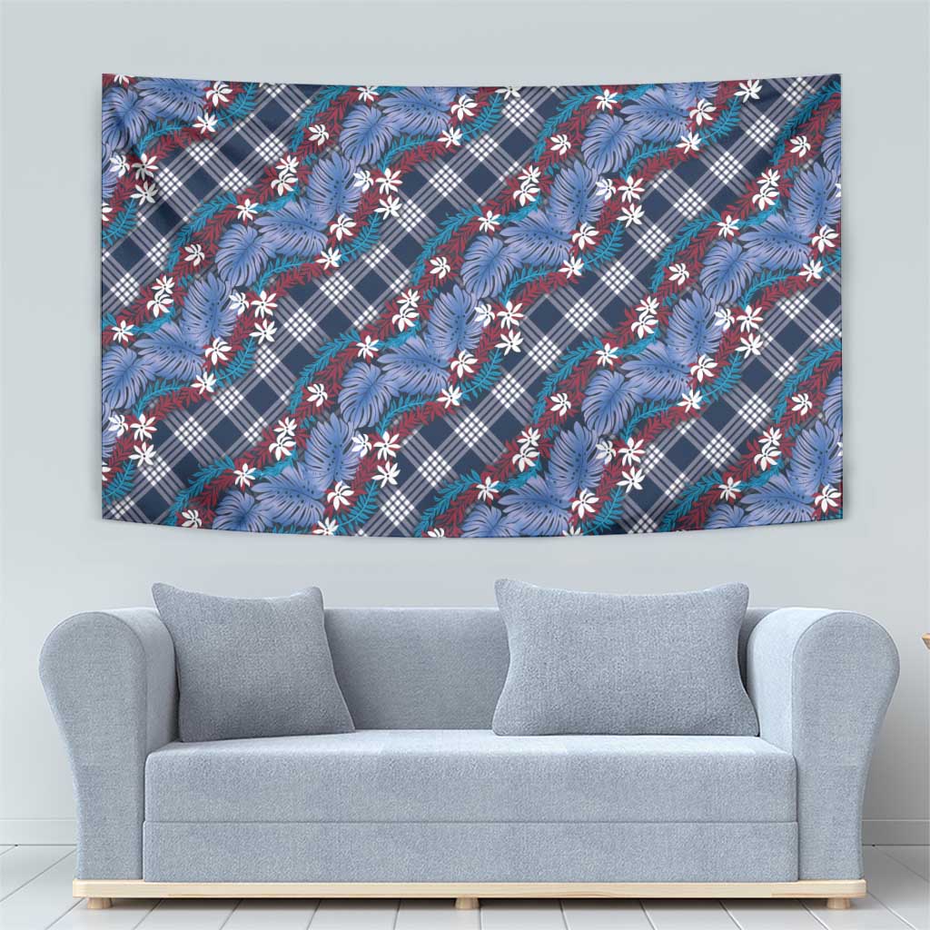 Polynesian Monstera Tiare Floral Tapestry Royal Blue Tropical Plaid - Polynesian Pride