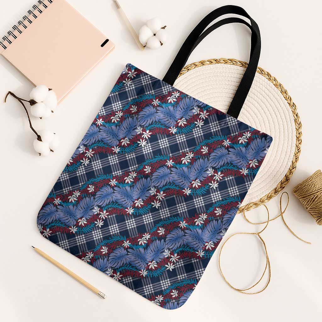 Polynesian Monstera Tiare Floral Tote Bag Royal Blue Tropical Plaid LT01 Black Strap One Size Blue - Polynesian Pride