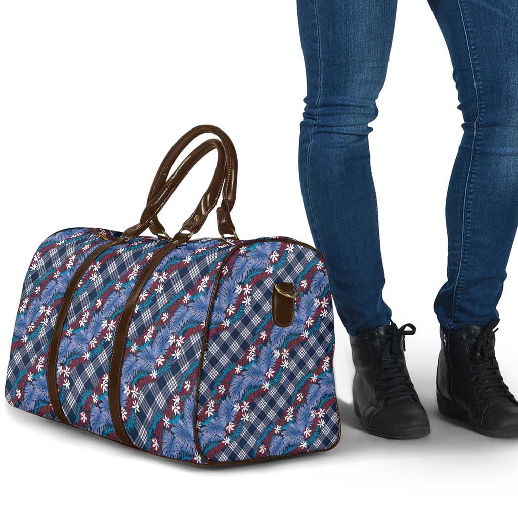 Polynesian Monstera Tiare Floral Travel Bag Royal Blue Tropical Plaid - Polynesian Pride