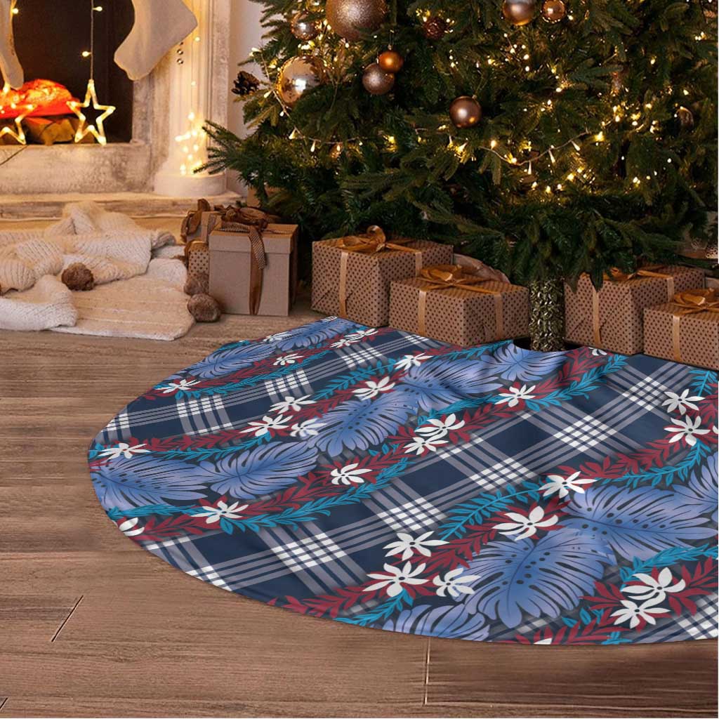 Polynesian Monstera Tiare Floral Tree Skirt Royal Blue Tropical Plaid - Polynesian Pride