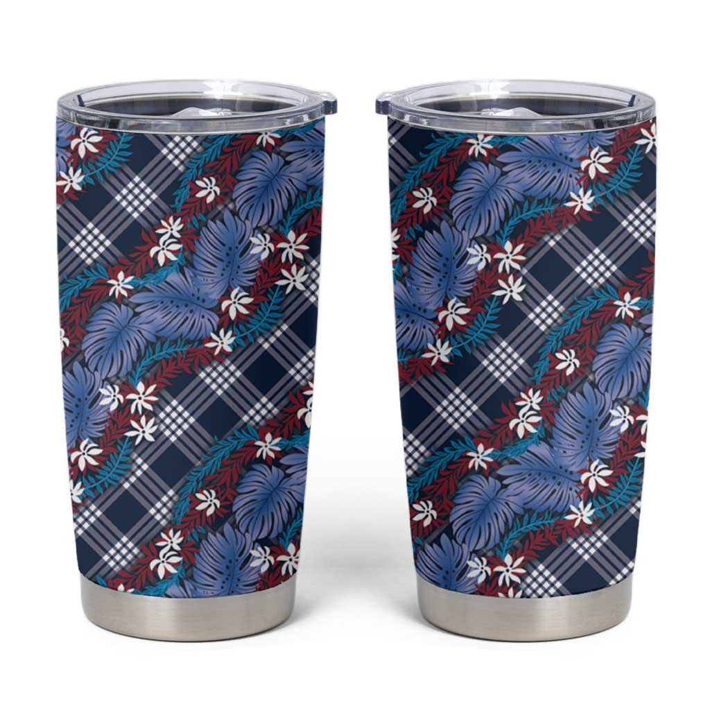 Polynesian Monstera Tiare Floral Tumbler Cup Royal Blue Tropical Plaid - Polynesian Pride