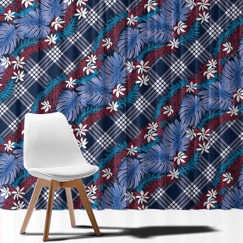 Polynesian Monstera Tiare Floral Window Curtain Royal Blue Tropical Plaid - Polynesian Pride