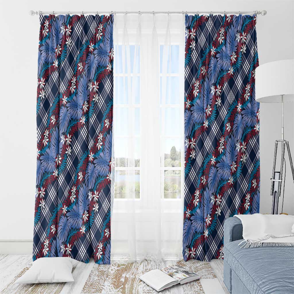 Polynesian Monstera Tiare Floral Window Curtain Royal Blue Tropical Plaid - Polynesian Pride