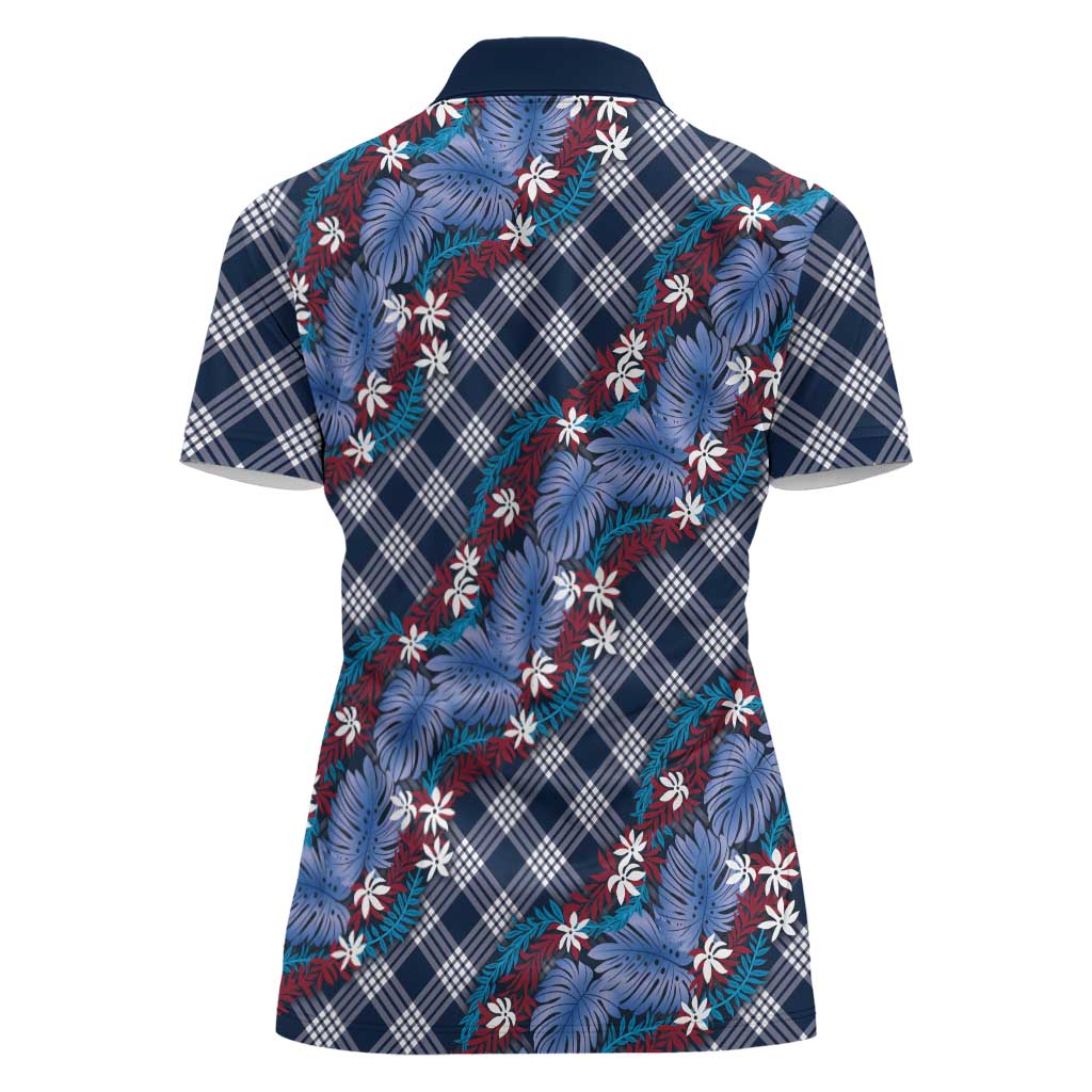 Polynesian Monstera Tiare Floral Women Polo Shirt Royal Blue Tropical Plaid - Polynesian Pride