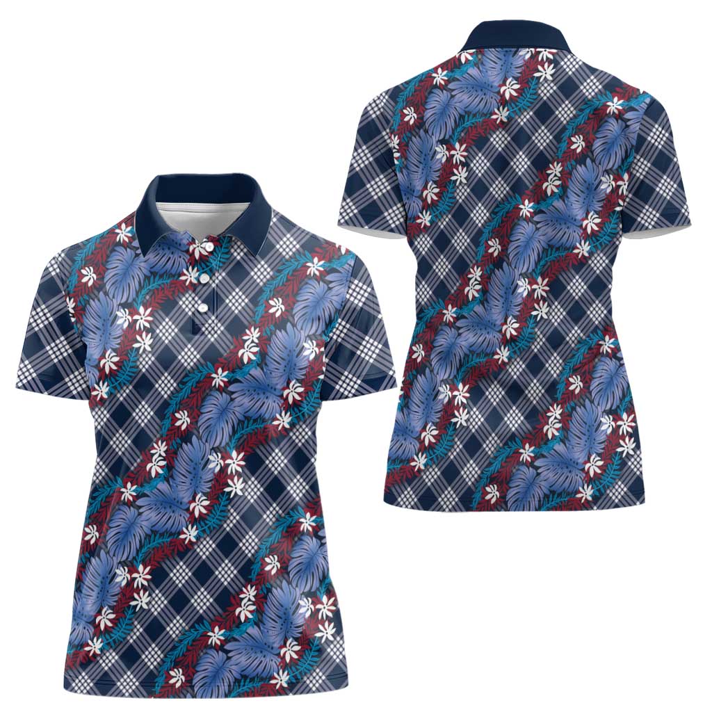 Polynesian Monstera Tiare Floral Women Polo Shirt Royal Blue Tropical Plaid - Polynesian Pride