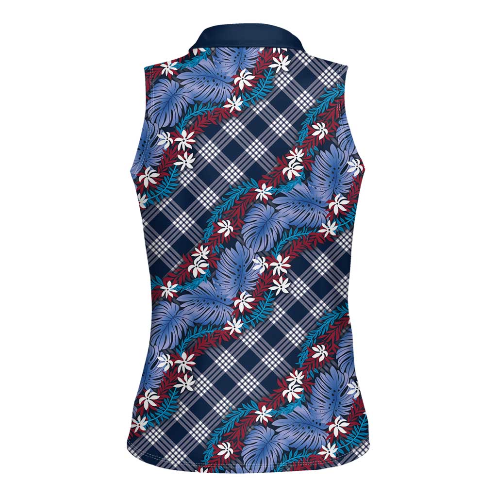 Polynesian Monstera Tiare Floral Women Sleeveless Polo Shirt Royal Blue Tropical Plaid - Polynesian Pride