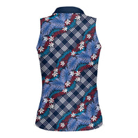 Polynesian Monstera Tiare Floral Women Sleeveless Polo Shirt Royal Blue Tropical Plaid - Polynesian Pride