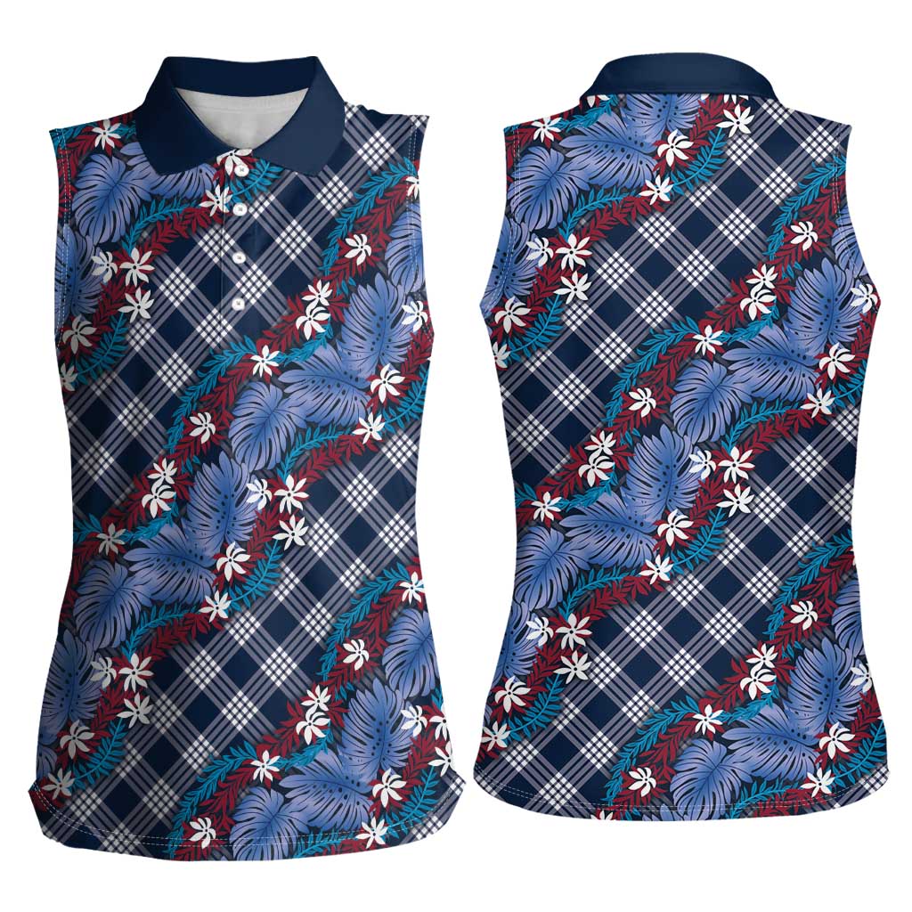 Polynesian Monstera Tiare Floral Women Sleeveless Polo Shirt Royal Blue Tropical Plaid - Polynesian Pride