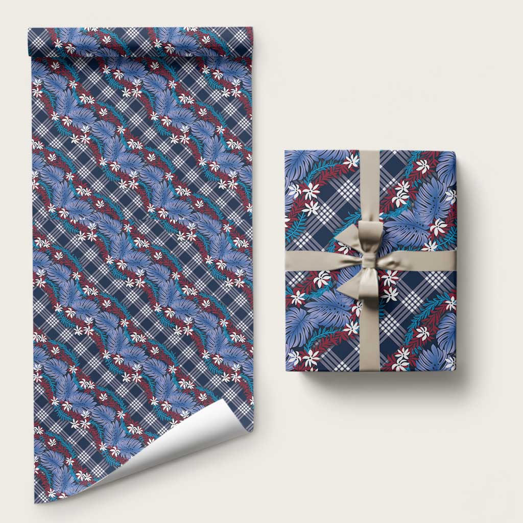 Polynesian Monstera Tiare Floral Wrapping Paper Royal Blue Tropical Plaid - Polynesian Pride