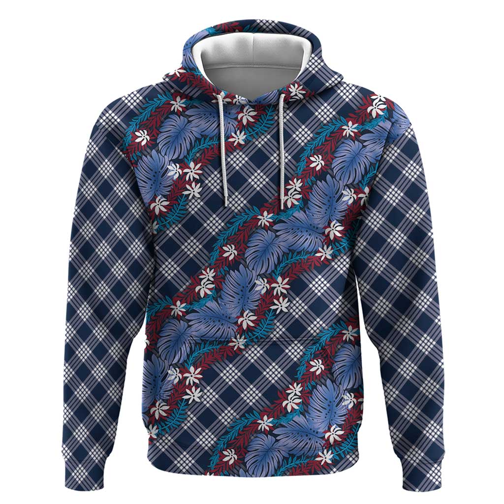 Polynesian Monstera Tiare Floral Zip Hoodie Royal Blue Tropical Plaid - Polynesian Pride