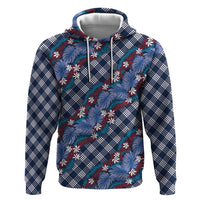 Polynesian Monstera Tiare Floral Zip Hoodie Royal Blue Tropical Plaid - Polynesian Pride