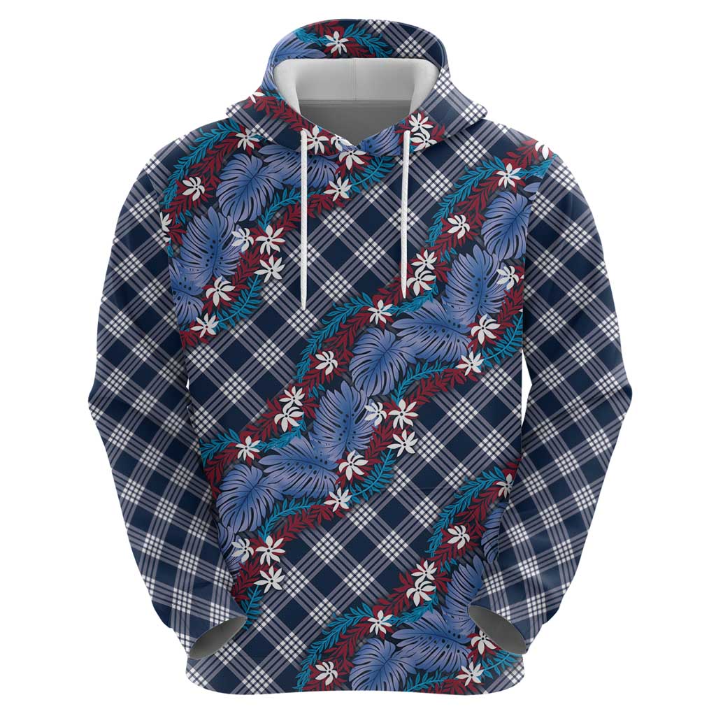 Polynesian Monstera Tiare Floral Zip Hoodie Royal Blue Tropical Plaid - Polynesian Pride