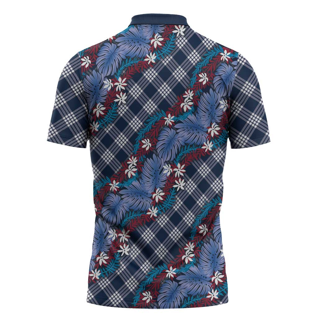 Polynesian Monstera Tiare Floral Zipper Polo Shirt Royal Blue Tropical Plaid - Polynesian Pride
