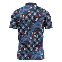 Polynesian Monstera Tiare Floral Zipper Polo Shirt Royal Blue Tropical Plaid - Polynesian Pride