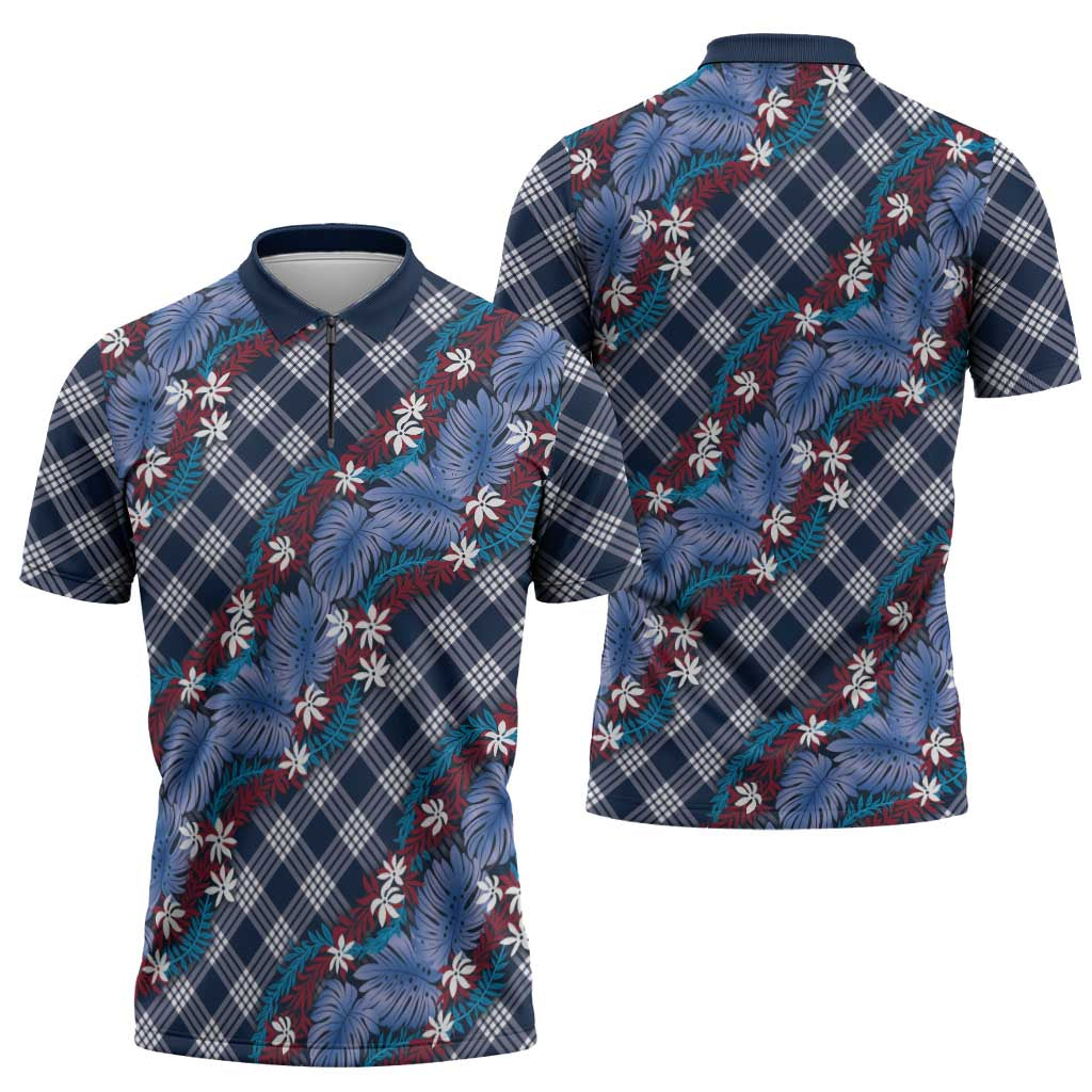 Polynesian Monstera Tiare Floral Zipper Polo Shirt Royal Blue Tropical Plaid - Polynesian Pride