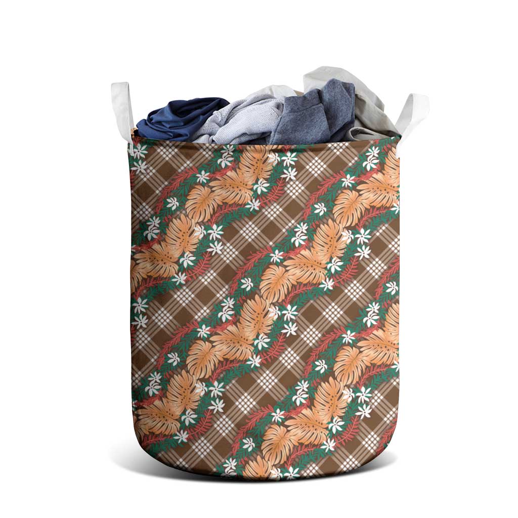 Polynesian Monstera Tiare Floral Laundry Basket Chocolate Brown Tropical Plaid - Polynesian Pride