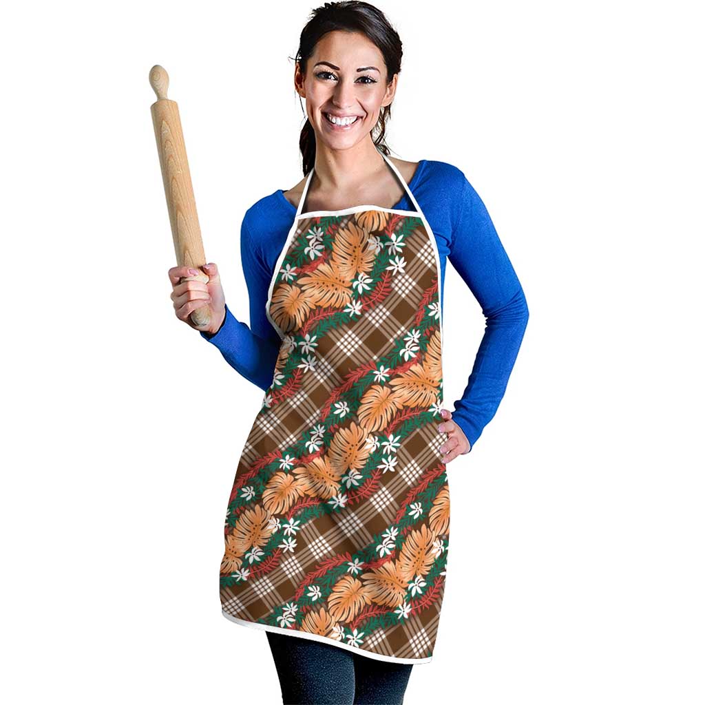 Polynesian Monstera Tiare Floral Apron Chocolate Brown Tropical Plaid - Polynesian Pride