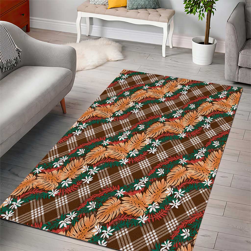 Polynesian Monstera Tiare Floral Area Rug Chocolate Brown Tropical Plaid - Polynesian Pride