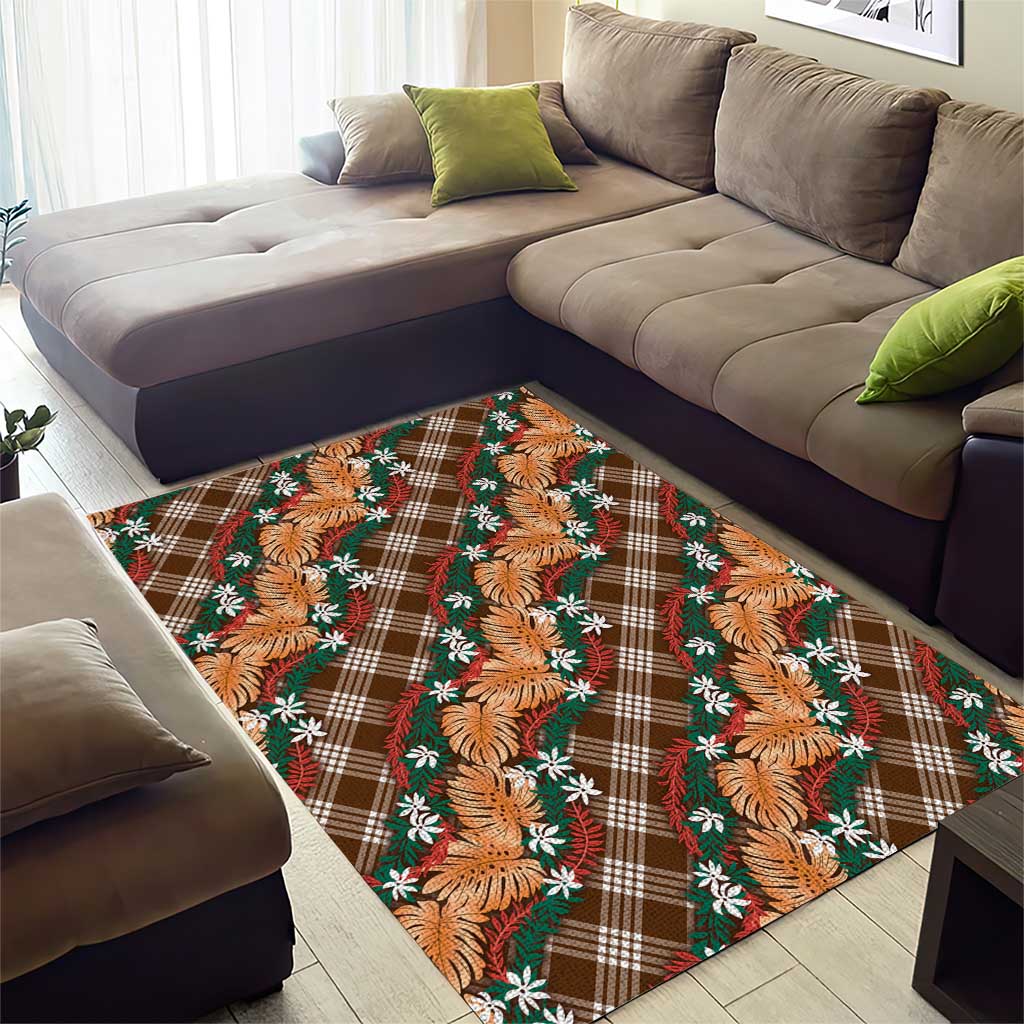 Polynesian Monstera Tiare Floral Area Rug Chocolate Brown Tropical Plaid - Polynesian Pride