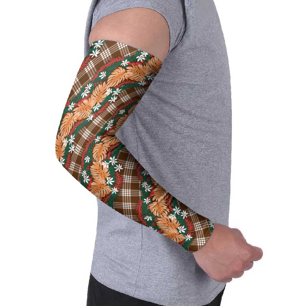 Polynesian Monstera Tiare Floral Arm Sleeves Chocolate Brown Tropical Plaid - Polynesian Pride