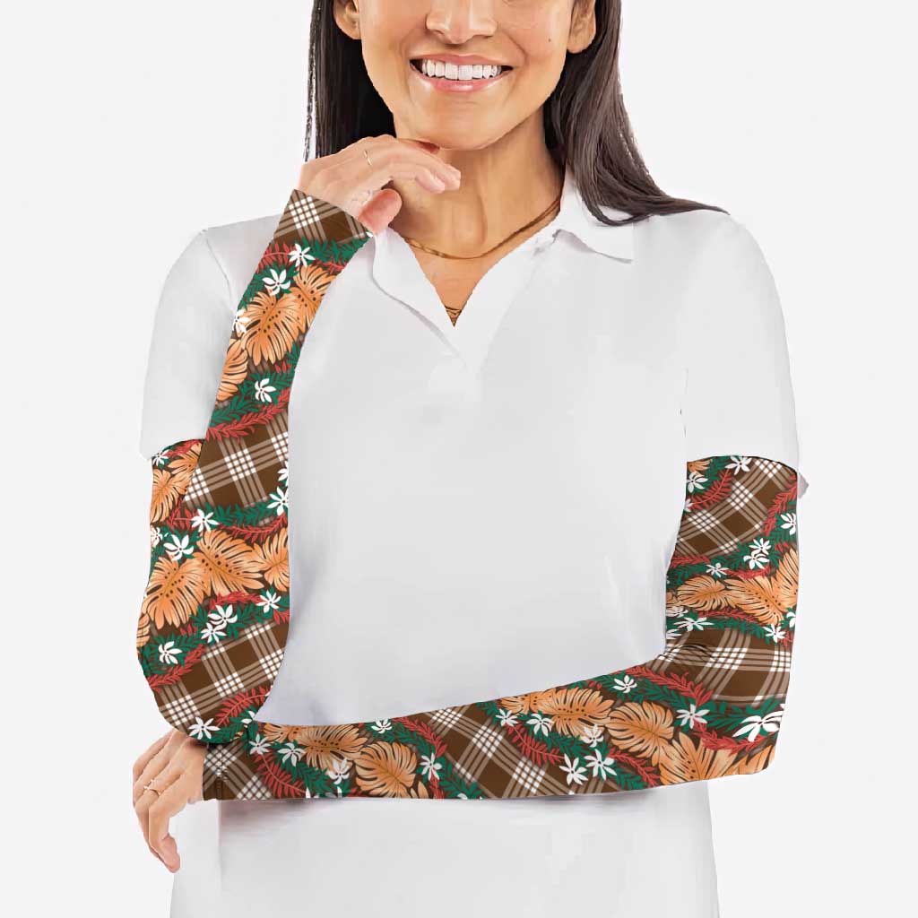 Polynesian Monstera Tiare Floral Arm Sleeves Chocolate Brown Tropical Plaid - Polynesian Pride