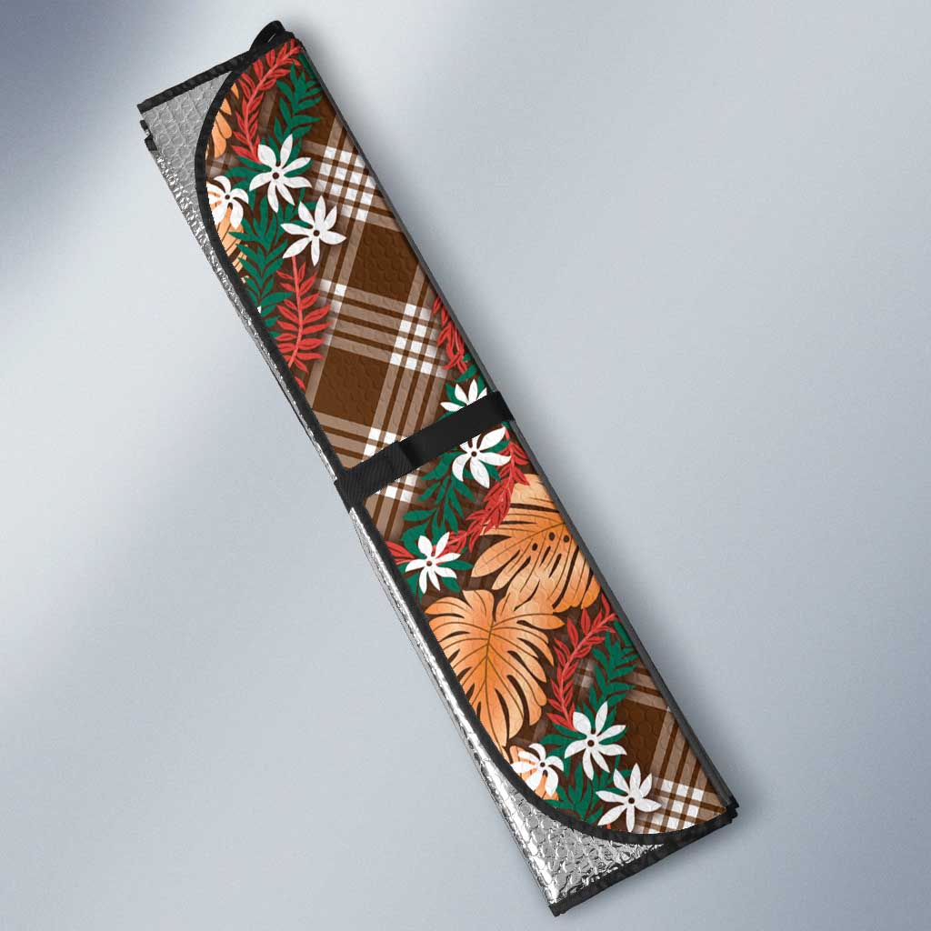 Polynesian Monstera Tiare Floral Auto Sun Shade Chocolate Brown Tropical Plaid - Polynesian Pride
