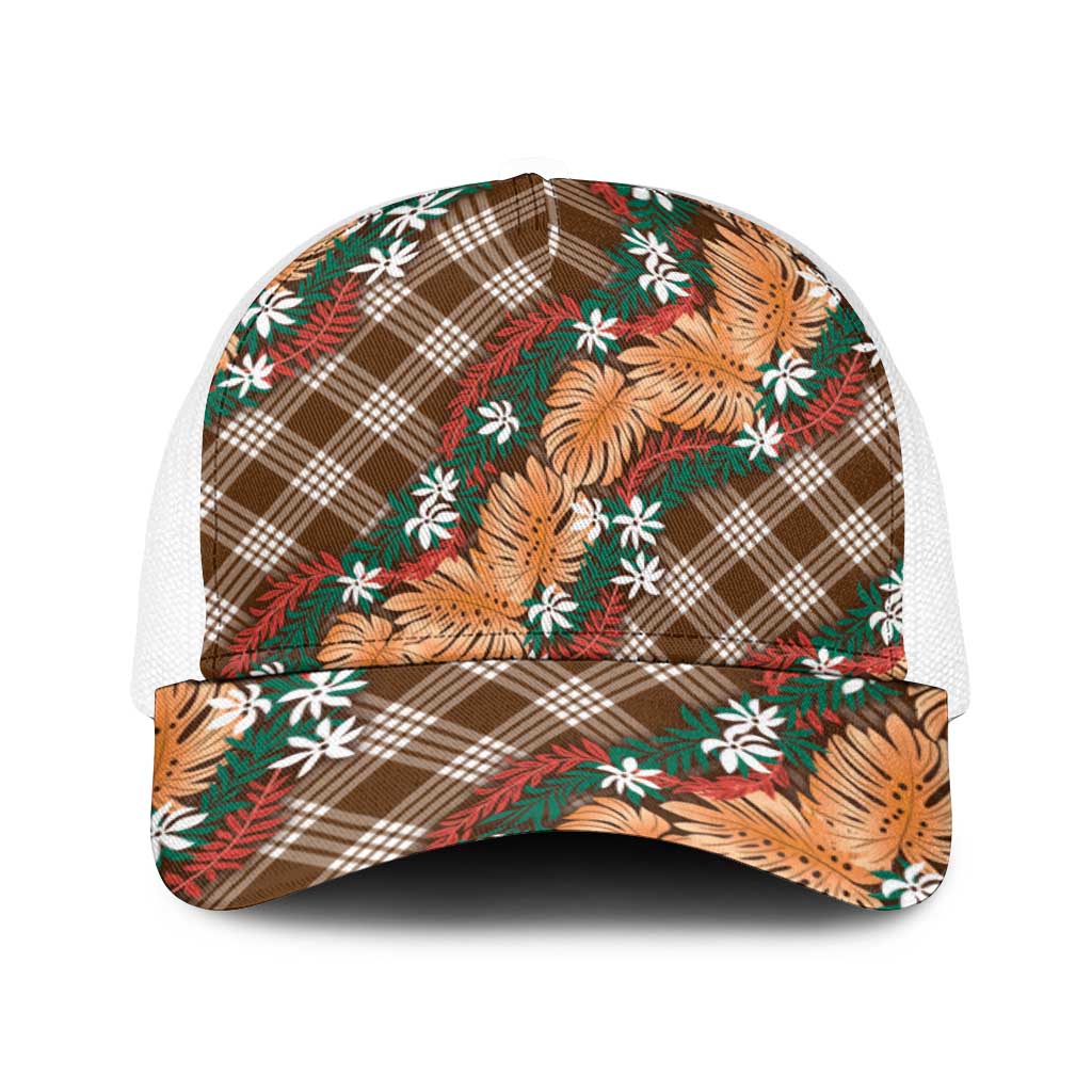 Polynesian Monstera Tiare Floral Baseball Net Cap Chocolate Brown Tropical Plaid - Polynesian Pride
