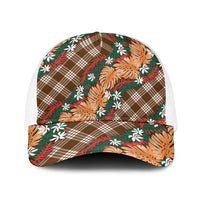 Polynesian Monstera Tiare Floral Baseball Net Cap Chocolate Brown Tropical Plaid - Polynesian Pride