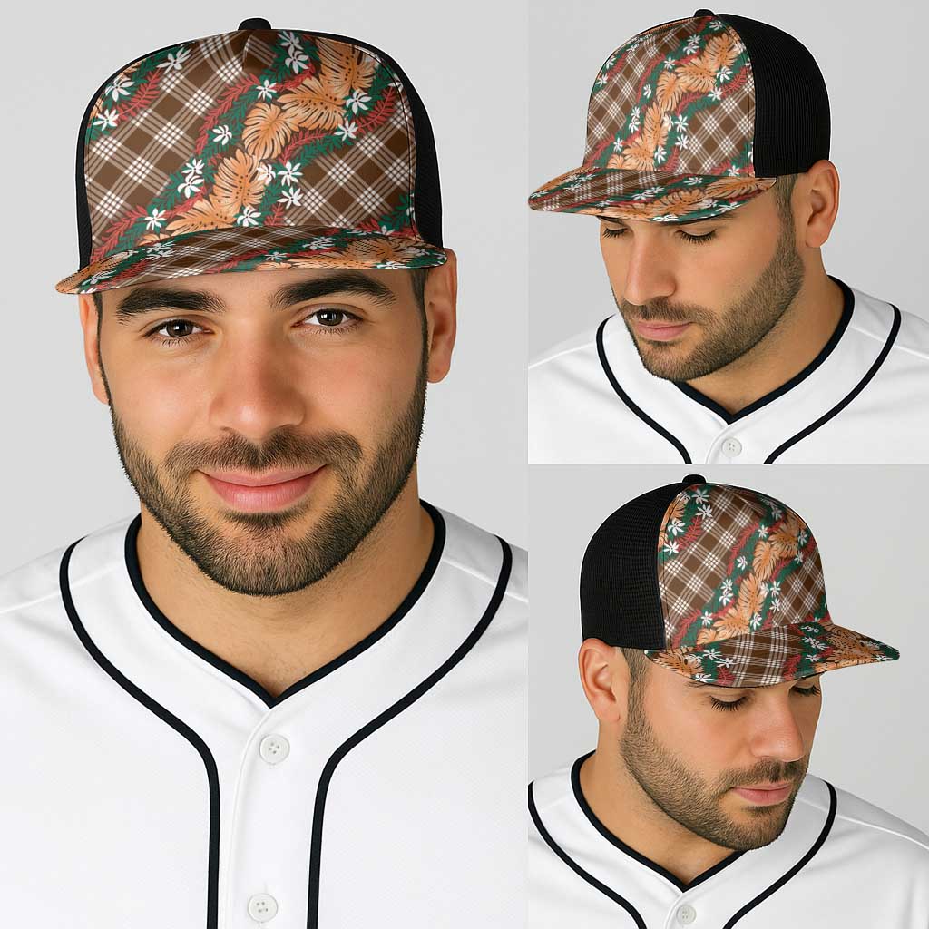 Polynesian Monstera Tiare Floral Baseball Net Cap Chocolate Brown Tropical Plaid - Polynesian Pride