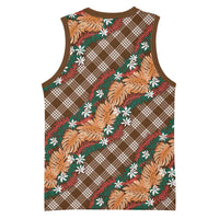 Polynesian Monstera Tiare Floral Basketball Jersey Chocolate Brown Tropical Plaid - Polynesian Pride