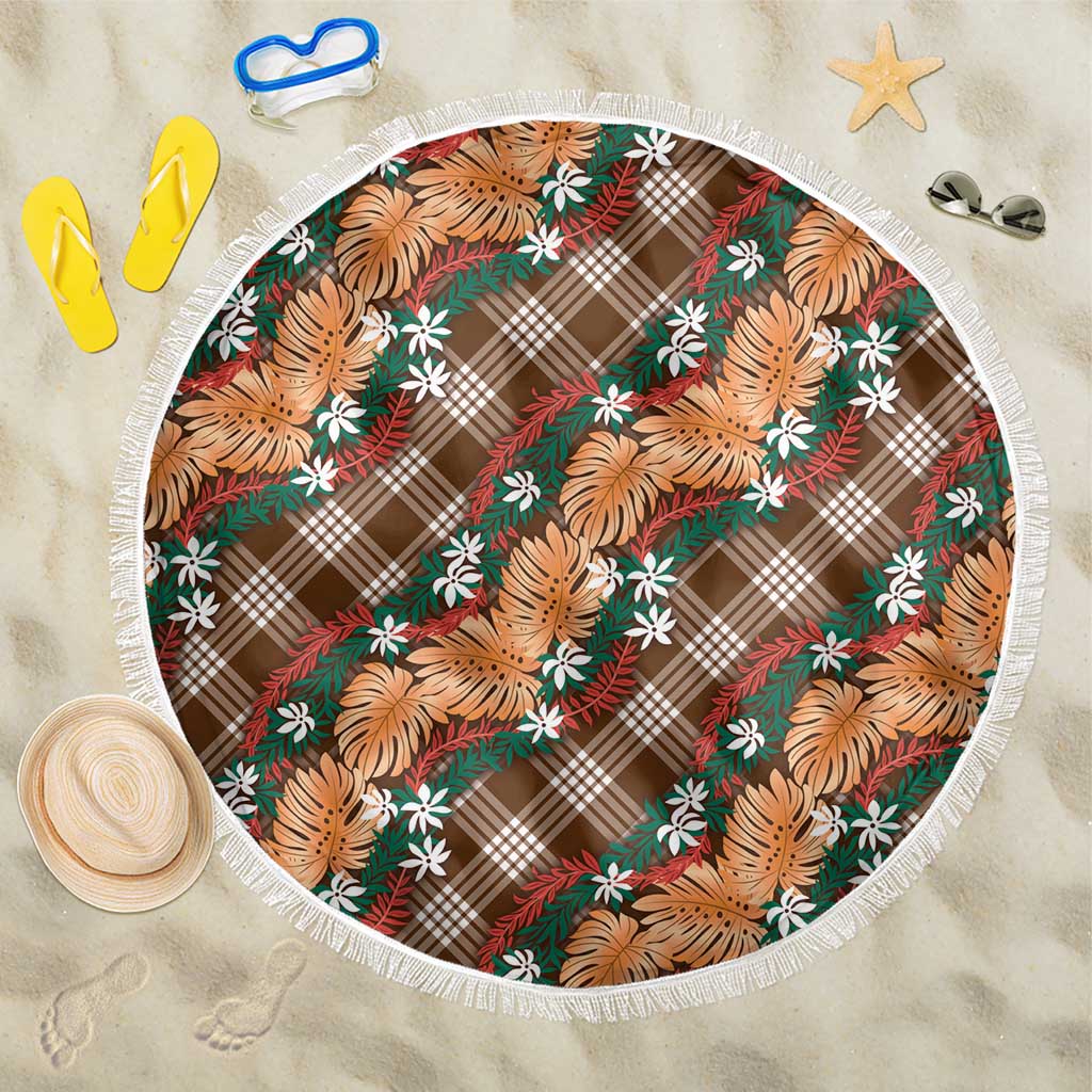 Polynesian Monstera Tiare Floral Beach Blanket Chocolate Brown Tropical Plaid - Polynesian Pride