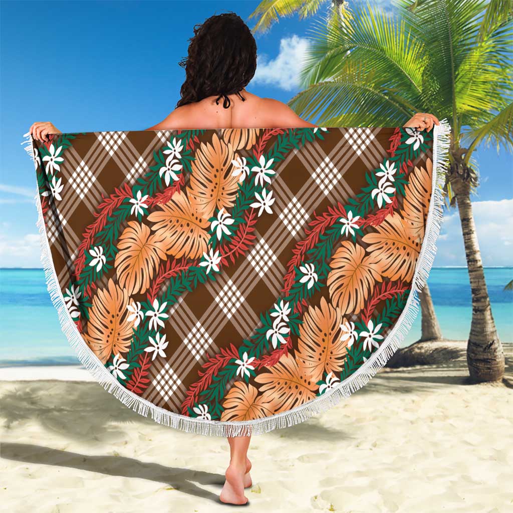 Polynesian Monstera Tiare Floral Beach Blanket Chocolate Brown Tropical Plaid - Polynesian Pride