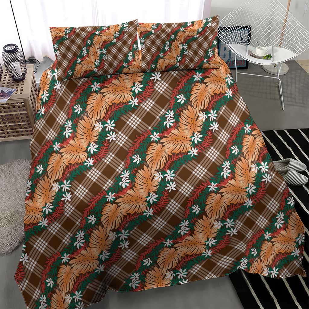Polynesian Monstera Tiare Floral Bedding Set Chocolate Brown Tropical Plaid - Polynesian Pride