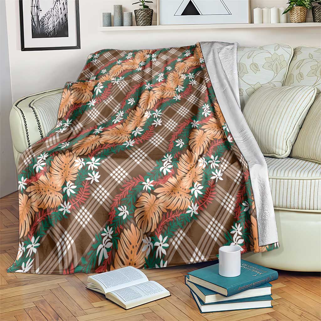 Polynesian Monstera Tiare Floral Blanket Chocolate Brown Tropical Plaid - Polynesian Pride