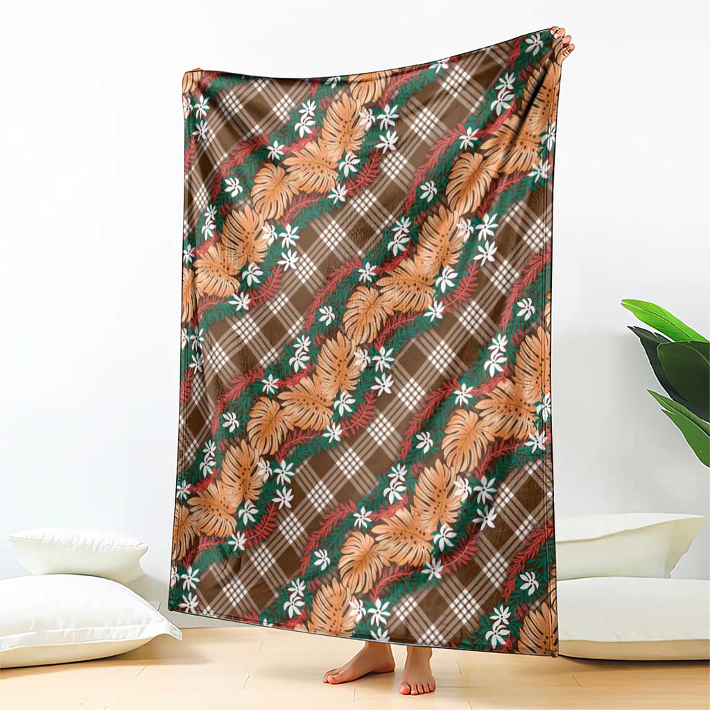 Polynesian Monstera Tiare Floral Blanket Chocolate Brown Tropical Plaid - Polynesian Pride