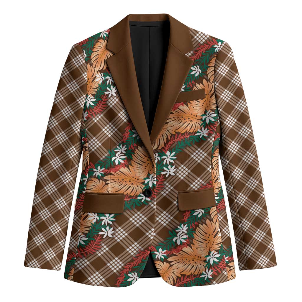 Polynesian Monstera Tiare Floral Blazer Chocolate Brown Tropical Plaid LT01 Unisex Brown - Polynesian Pride