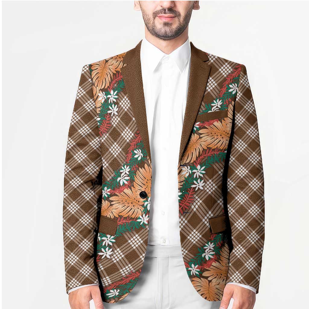 Polynesian Monstera Tiare Floral Blazer Chocolate Brown Tropical Plaid - Polynesian Pride