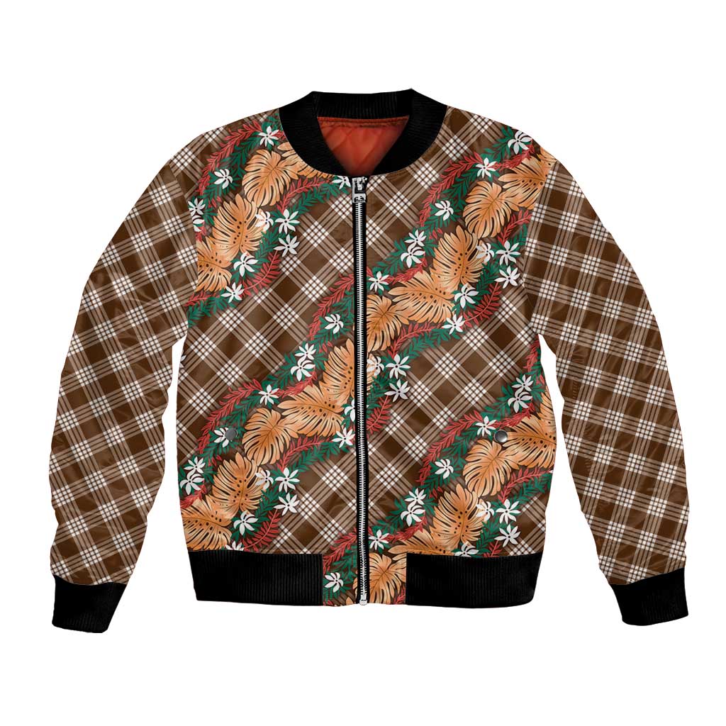 Polynesian Monstera Tiare Floral Bomber Jacket Chocolate Brown Tropical Plaid LT01 Unisex Brown - Polynesian Pride
