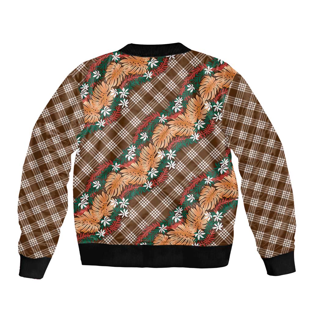 Polynesian Monstera Tiare Floral Bomber Jacket Chocolate Brown Tropical Plaid - Polynesian Pride
